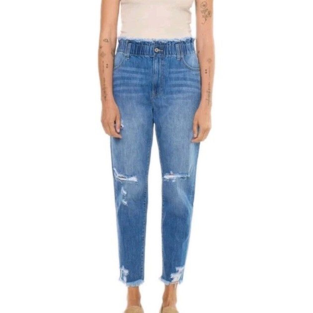 KanCan Angel Ultra High Rise Paperbag Mom Jeans Distressed Frayed Hem 22W EUC